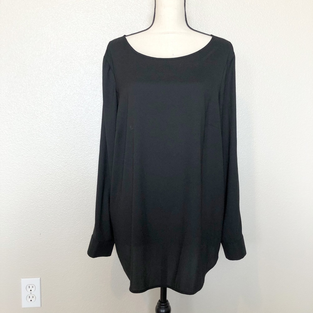 Ann Taylor Top Womens XL Black Long Sleeve Roll Tab Blouse Scoop Neck